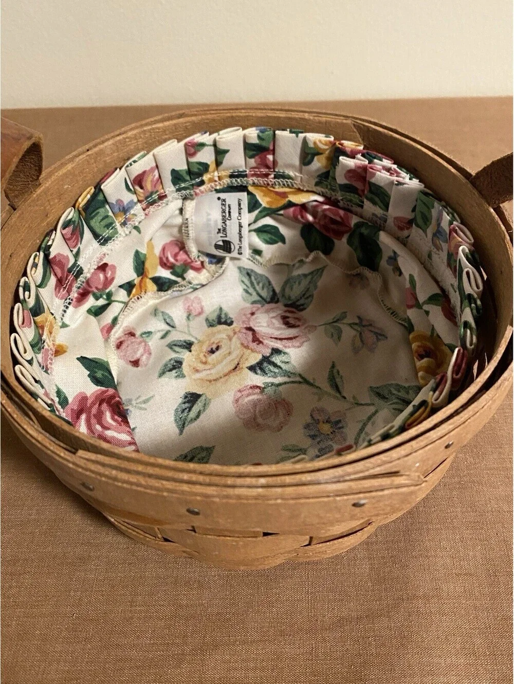 Vintage Longaberger 1988 Round Basket Floral Liner Roses W/Leather Handles
